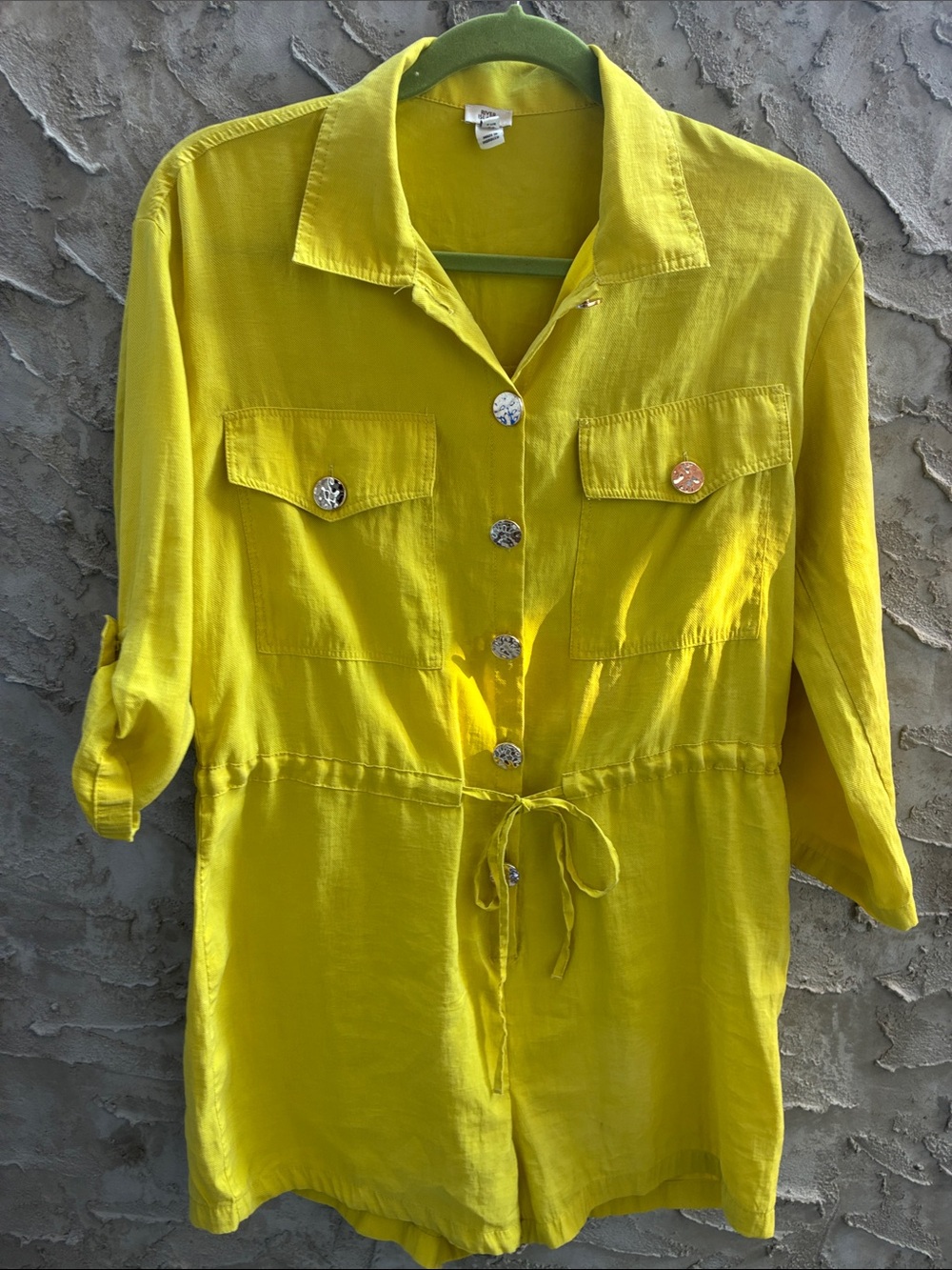 River Island Bright Yellow Utility Romper button 3!4 sleeve Sz S